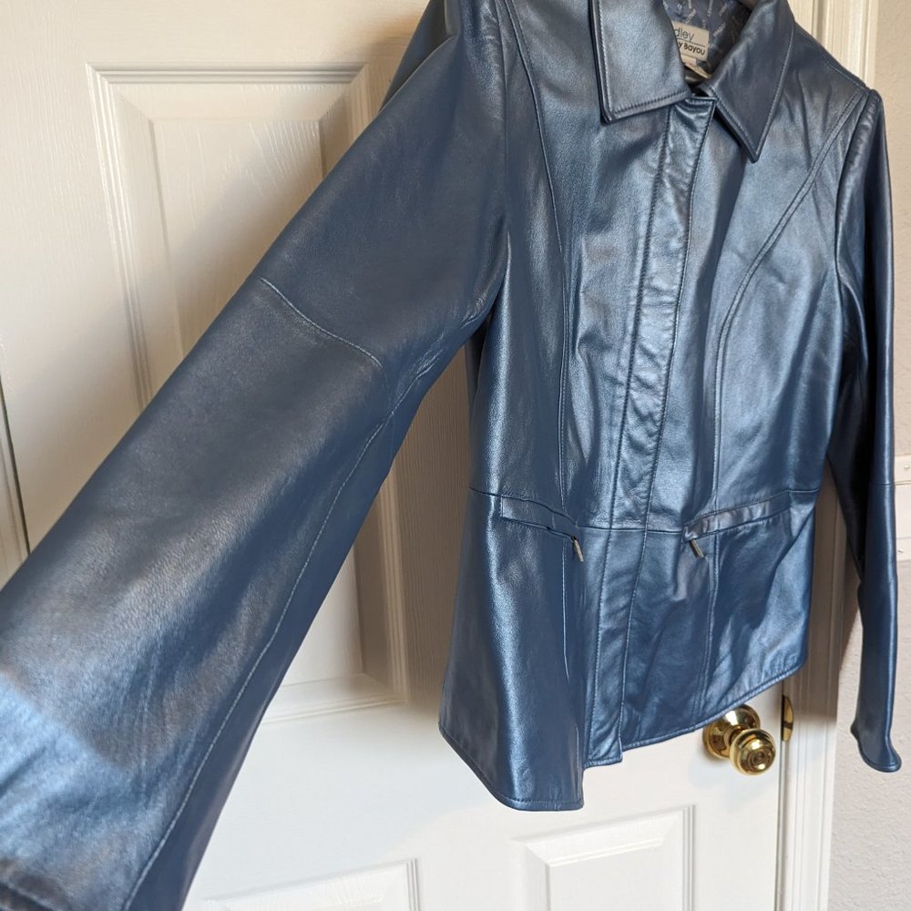 VINTAGE REAL LEATHER | METALLIC / PEARL BLUE | Jacket | L | Bradley Bayou | EUC - Picture 3 of 15